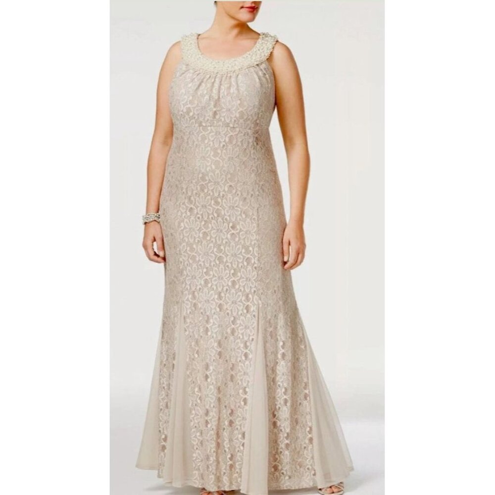 R&M Richards Beaded Lace Evening Gown Size 14 Beige Floral Sleeveless Formal